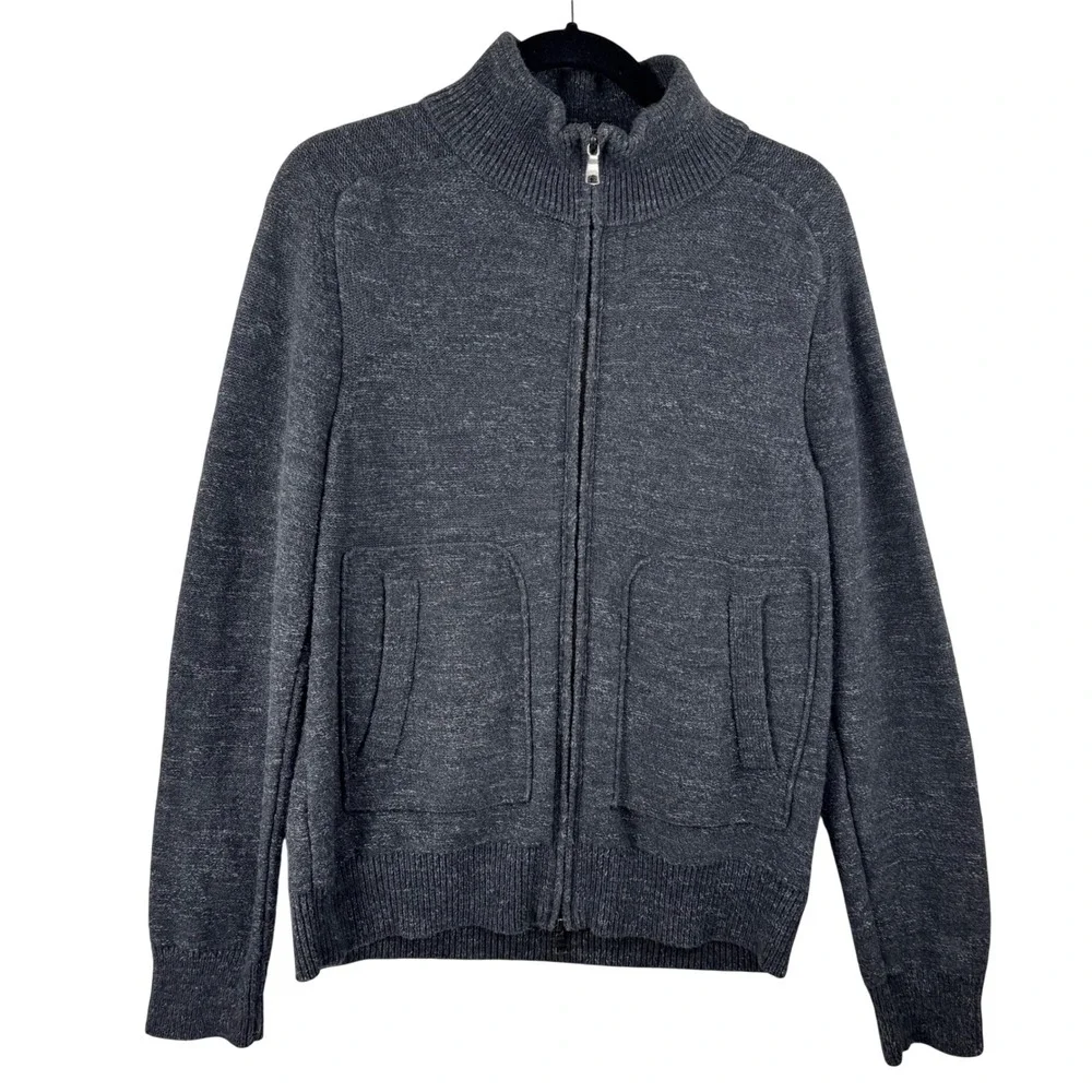 Banana Republic Full Zip Cardigan Mens Medium Gray Cotton Raglan Mock Neck